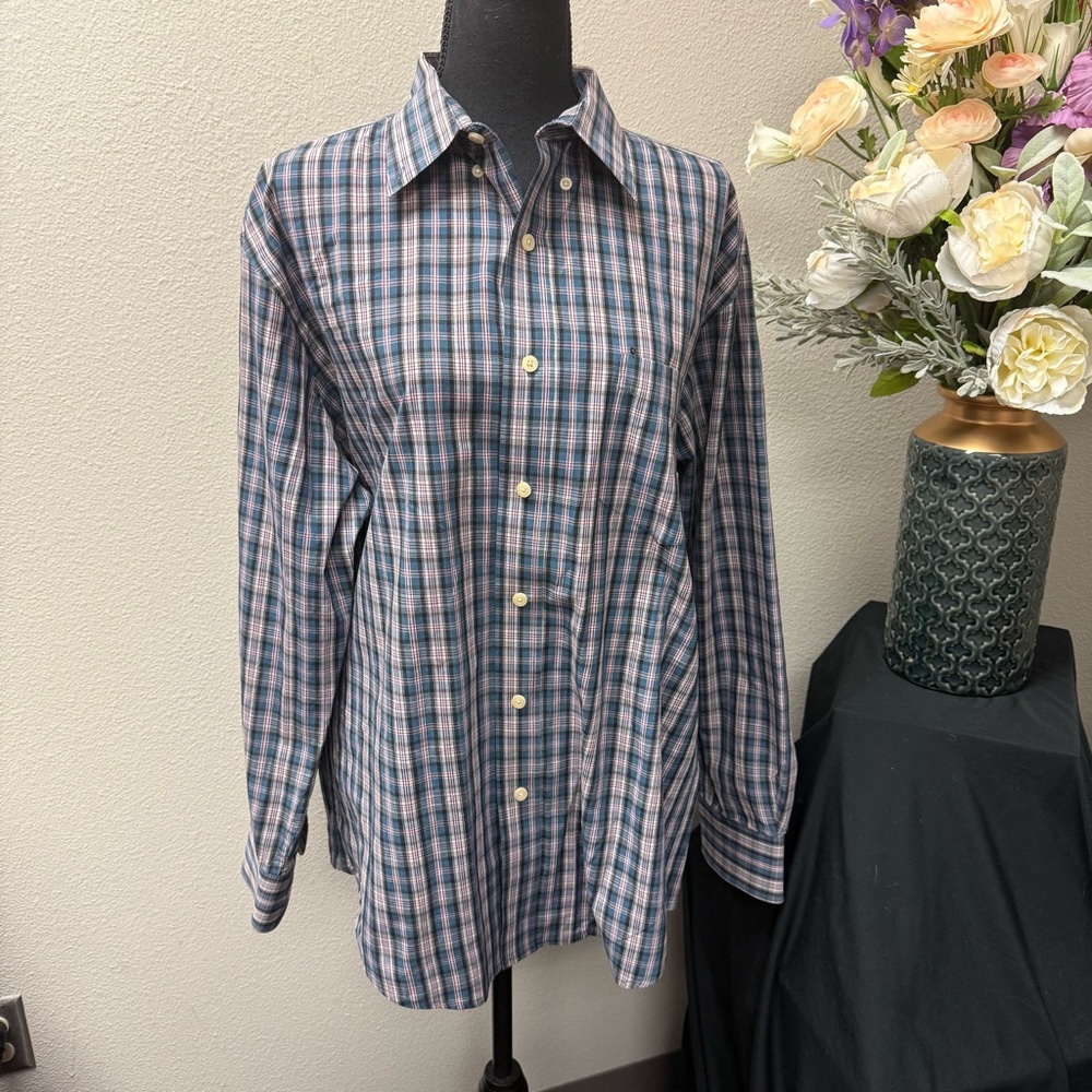 Puritan Blue Burgundy Plaid Button-Down Shirt L | Classic Fall Casual Style